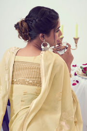 Beautiful Pure Cotton Foil Print With Embroidery Work Salwar Suit In Light Yellow Color
